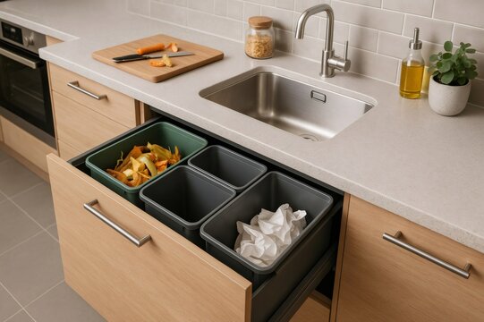 Open wooden drawer under the sink revealing separate bins for sorting waste, promoting an eco friendly lifestyle in a contemporary kitchen