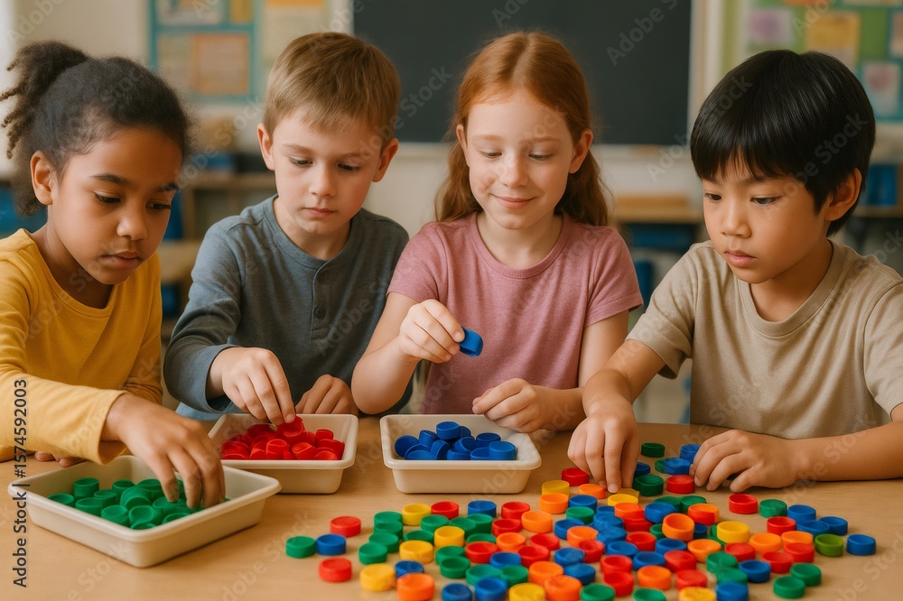 Poster elementary school students sorting colorful bottle caps by color, developing fine motor skills and c