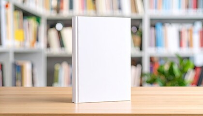 Blank book cover on wooden table in library