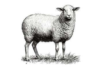 Sheep, lamb. Vintage retro print, black white sheep lamb sketch ink pencil style drawing, engrave old school. Sketch artwork silhouette farm sheep lamb. Side view profile. Illustration