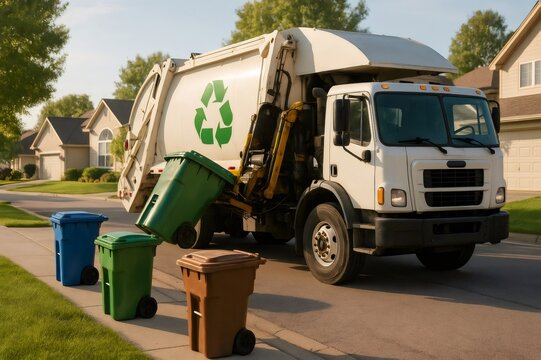Automated garbage truck collecting a green recycling bin from the curbside in a sunny suburban neighborhood, promoting waste management and sustainability