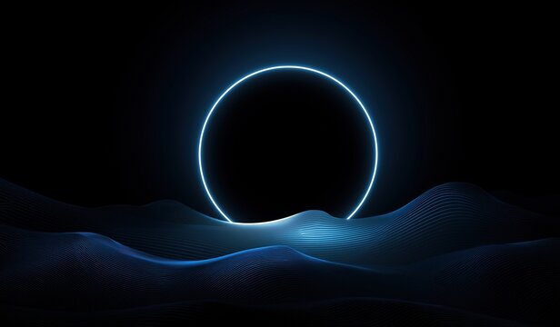 Abstract glowing blue neon circle on black background with minimalistic wavy line landscape, dark glowing silhouette, geometric frame, smooth gradient, and futuristic digital art aesthetic - Powered by Adobe