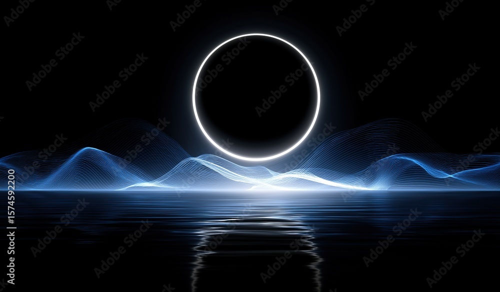 Poster abstract solar eclipse with glowing white circle on black background featuring blue waves and neon l