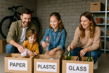 Family actively sorting waste into paper, plastic, and glass categories, promoting recycling and environmental responsibility at home
