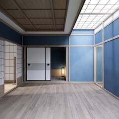 Obraz premium Cool colors give a feeling of coolness and calmness. Japanese traditional room, Mock up empty room and decoration room japan style.3D rendering