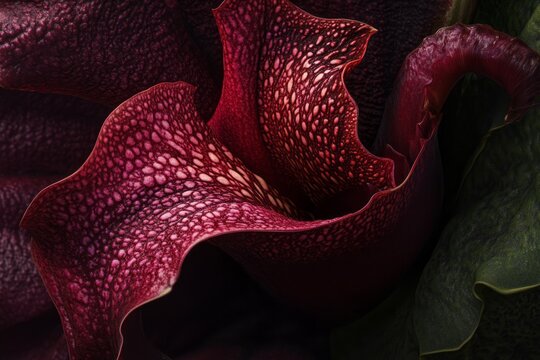 A close-up shot of the intricate textures and veining of the Amorphophallus titanum flower.Amorphophallus titanum,giant bloom,unique plant,corpse flower.