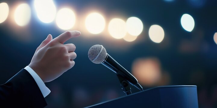 Politician giving a passionate speech at podium with microphone and blurred background symbolizing public speaking or intense dialogue on stage