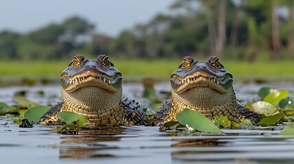 Two young alligators rest in a tranquil swamp.