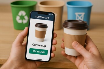 Hands holding a coffee cup and a smartphone displaying a sorting app for recycling, with recycling bins in the background