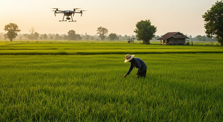 Scene showing a farmer working alongside an agricultural drone during field inspection in rural Thailand.