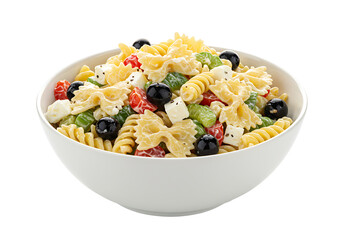 Pasta salad with rotini farfalle olives mozzarella tomatoes and celery in a white bowl against a black background