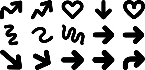 Black arrows and hearts in various directions and shapes vector