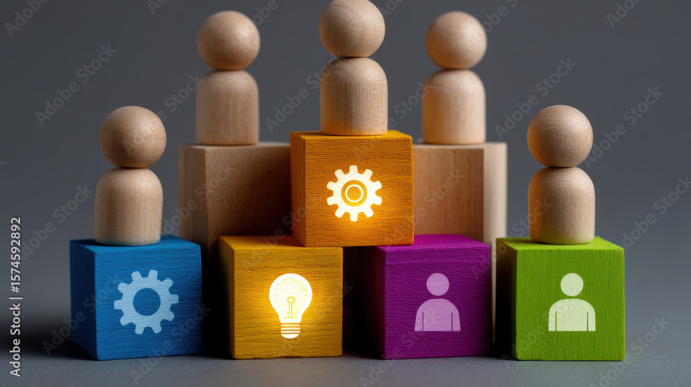Poster wooden figures stand on colorful blocks with icons representing teamwork and innovation. scene conve