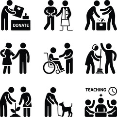 Charity volunteering donation community service help support assistance care giving aid pictogram icon set vector