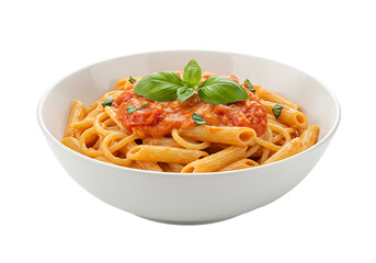 Pasta with red sauce and basil garnish in a white bowl