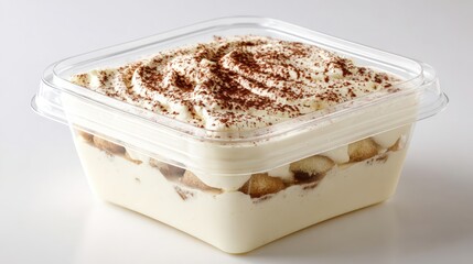 Creamy dessert in a clear container with layers of bananas and cocoa powder on top