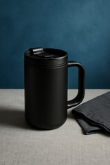 A sleek black mug rests beside a folded dark napkin, set against a teal backdrop. The minimalist design and composition create a sense of calm.