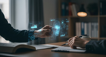 Man interacts with futuristic interface displaying brain activity and data insights for business strategy in a modern workspace.
