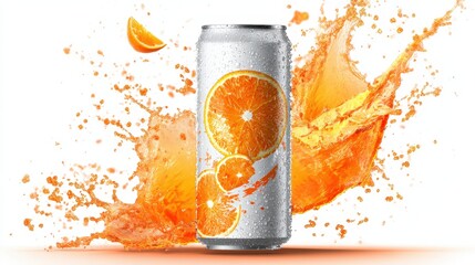 A refreshing orange beverage can with splashes of orange juice and fruit in a vibrant setting