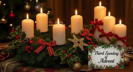 Celebrating the Third Sunday of Advent with Festive Decorations and Lit Candles