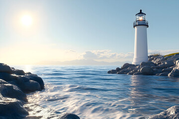 Lighthouse on a Rocky Coast at bright day