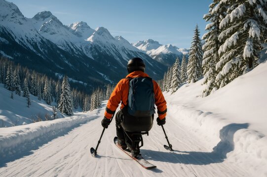 Enthusiast enjoying sit skiing on a snowy mountain trail, surrounded by breathtaking alpine peaks and evergreen trees under a clear blue sky