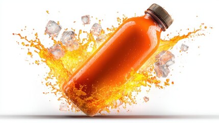 Vibrant orange beverage bottle splashing with ice cubes against a white background