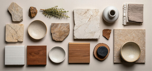 Material samples flatlay, interior design concept, stone wood ceramic textures, natural color palette, modern minimalist styling, home renovation inspiration, architecture decor selection