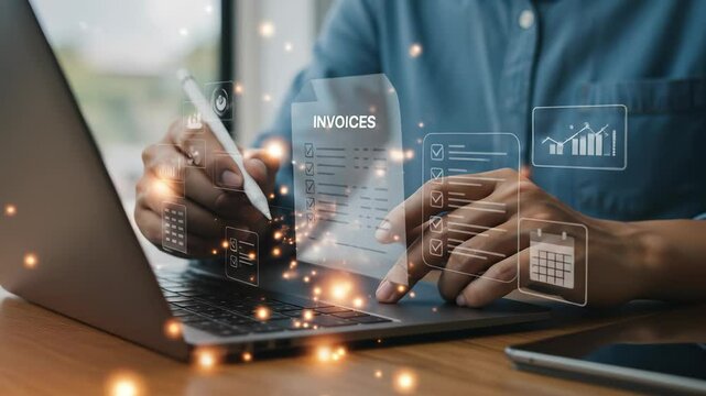 Professional managing digital invoices and business documents with advanced technology on a laptop, emphasizing efficient online payment and financial data analysis.
