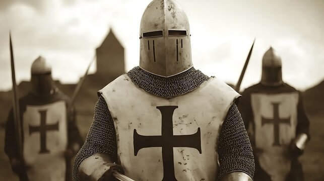 Medieval knights in armor, ready for battle.