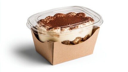 Delicious tiramisu dessert in a clear plastic container on a white background, ideal for food photography