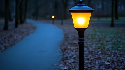 Illuminated pathway at twilight with a single lamp post.
