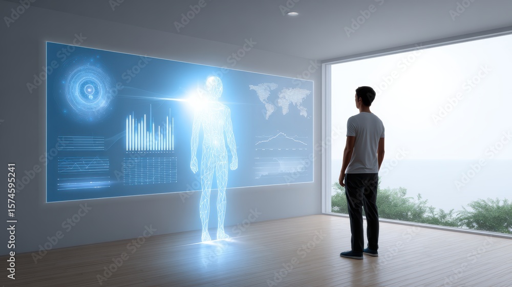 Aufkleber a man stands in a modern room observing a large holographic display featuring a digital human figure