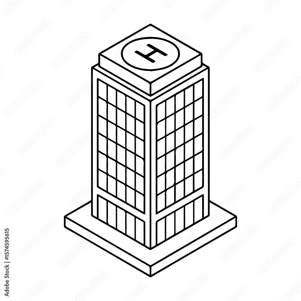 Poster isometric building outline skyscraper with helipad illustration for architecture design vector 3d