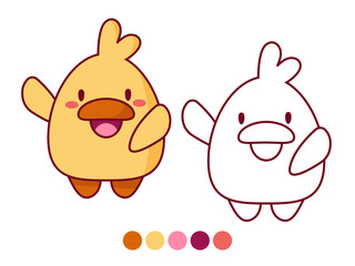 Adorable cartoon illustration of a happy, waving yellow duckling, presented both colored and as an outline for coloring. Ideal for children's activities and animal themes.