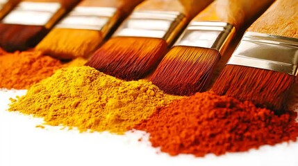 Colorful spice powders arranged with paintbrushes.