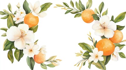 Orange blossom frame, white flowers, green leaves, blank space, invitation design