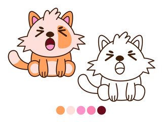 Cartoon illustration of a yawning ginger cat, both colored and as an outline for coloring. Ideal for children's activities or pet-themed designs.