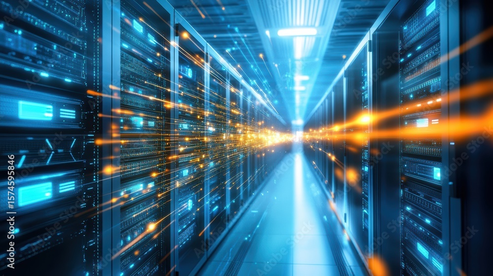 Poster a futuristic data center corridor with servers glowing blue and dynamic orange light trails symboliz