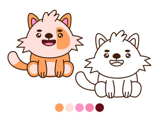 Cartoon illustration of a cheerful ginger cat, both colored and as an outline for coloring. Ideal for children's activities or pet-themed designs.