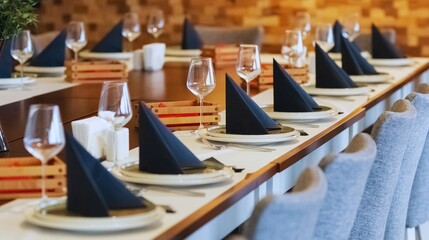 Empty restaurant table set for a luxurious dinner, ready for dining in a beautifully designed interior