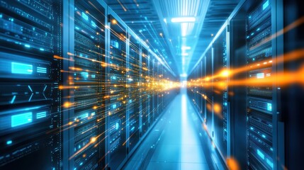 Obraz premium A futuristic data center corridor with servers glowing blue and dynamic orange light trails symbolizing high-speed data transfer.