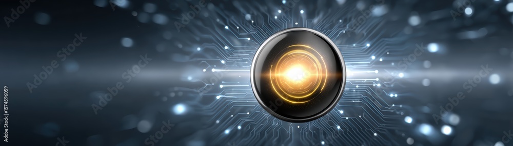 Poster a glowing, futuristic lens or eye-like device centered with circuit board patterns radiating outward