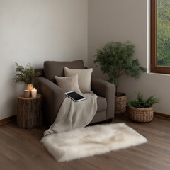 A close-up of a woman's hands typing on a laptop in a minimalist home office, natural wood desk, soft beige and white tones, indoor plant in background, natural sunlight, lifestyle photography