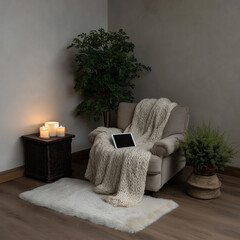 A close-up of a woman's hands typing on a laptop in a minimalist home office, natural wood desk, soft beige and white tones, indoor plant in background, natural sunlight, lifestyle photography