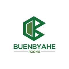 Elegant Lodging Emblem A Modern Green Geometric Logo with 'BUENBYAHE ROOMS' Typography Design for Hotel and Accommodation Branding