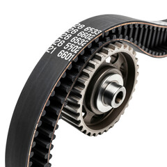Close-up of a timing belt and pulley system on a transparent background. The belt features numerical markings and is made of rubber with a metallic pulley.