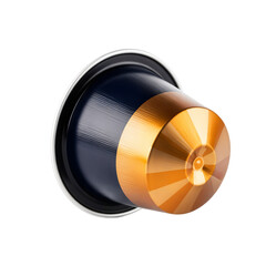 A coffee capsule with a shiny gold and black design. The capsule has a circular shape and a smooth surface, suitable for espresso machines.