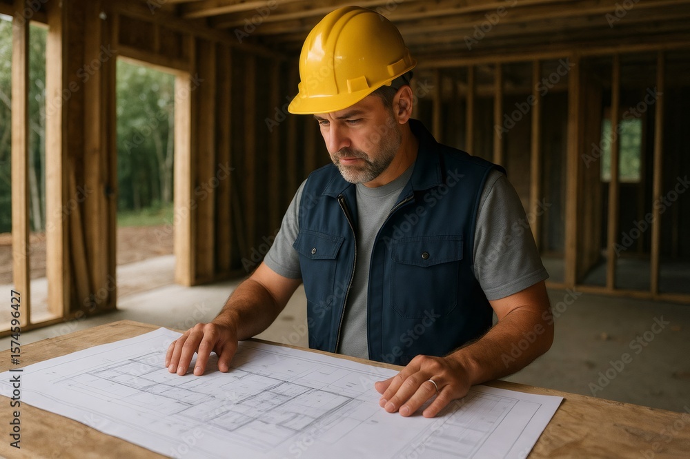 Poster focused construction worker in a hard hat examining detailed architectural plans inside a partially 