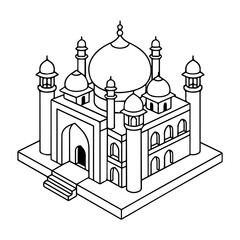 Mughal palace with domes and arches. isometric outline